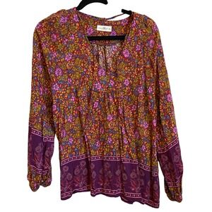 Natural Life Womens XL Purple Floral Boho Rayon Split Neck Blouse Long Sleeve